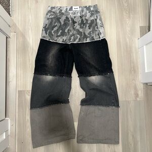 Camouflage and Black Patchwork Jeans